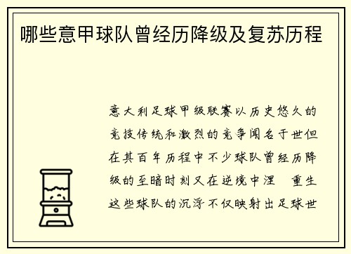 哪些意甲球队曾经历降级及复苏历程